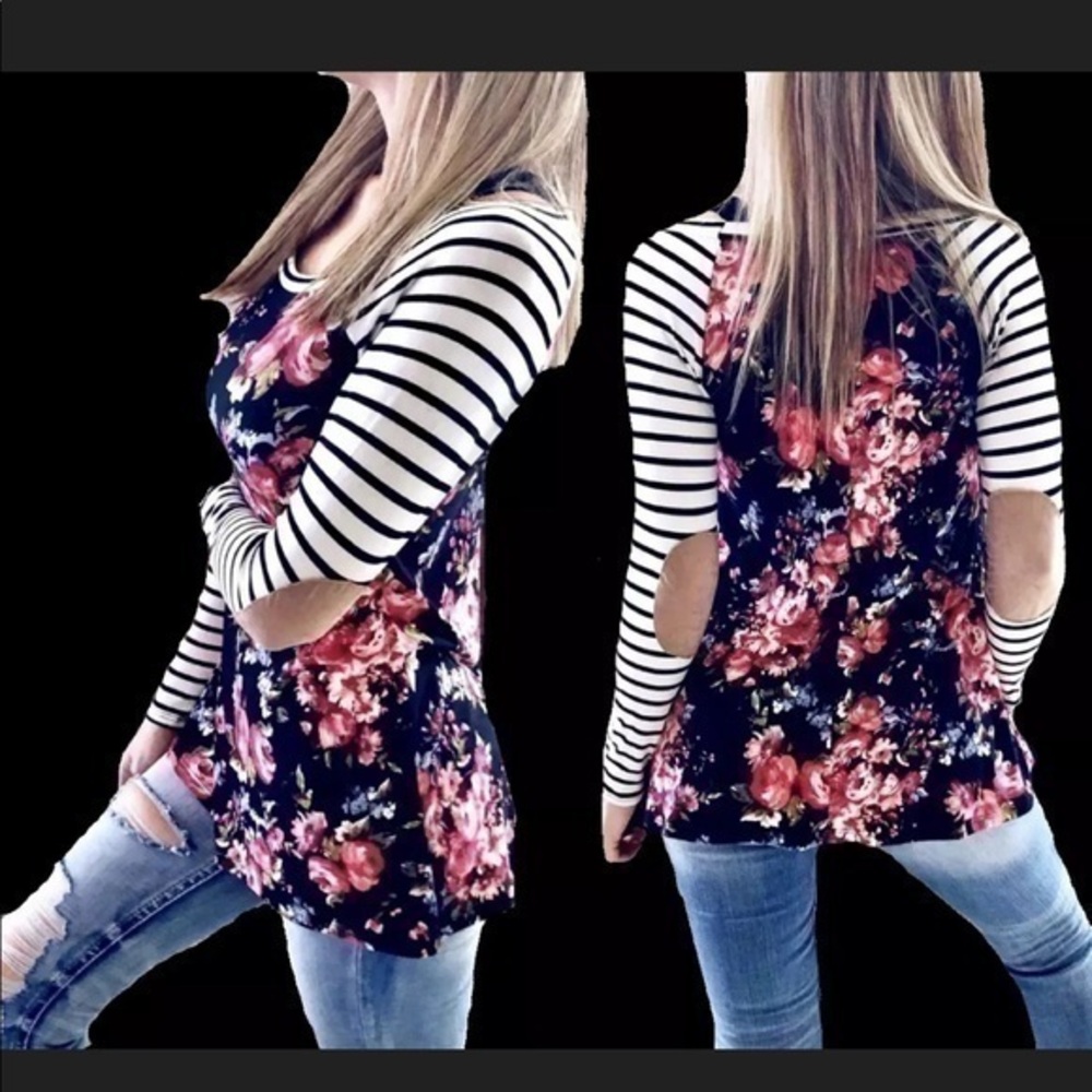 Floral Striped Elbow Patch Long Sleeve Raglan Top